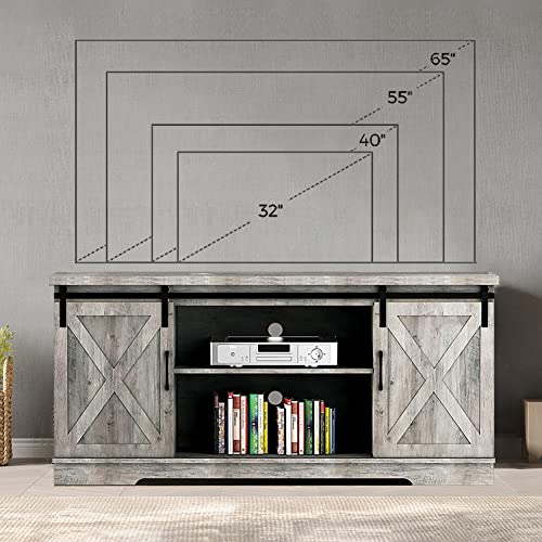 IDEALHOUSE Gray Barn Door TV Stand for 65 Inch TV, Farmhouse Entertainment Center with Storage A40792