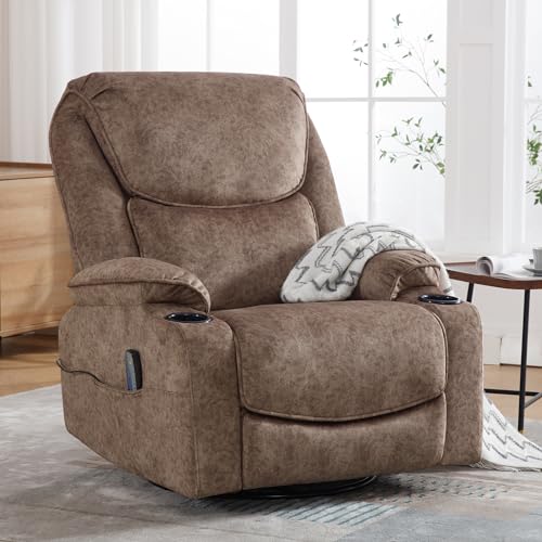 Swivel Rocker Recliner Chair, Power Reclining Leather, Cup Holders and USB Port, Dark Brown X35409