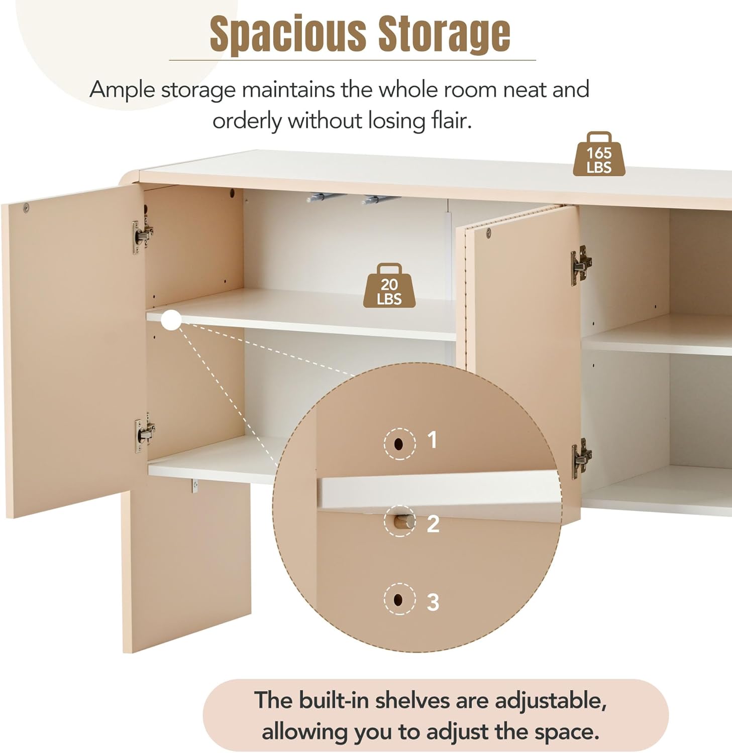 60" Storage Sideboard with 4 Doors, Adjustable Shelves, Apricot Cream Q7969