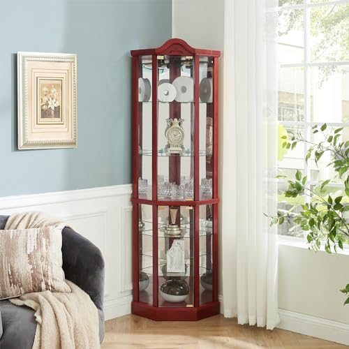 Henf 69.6" Lighted Glass Corner Curio Cabinet with Adjustable Shelves F77011