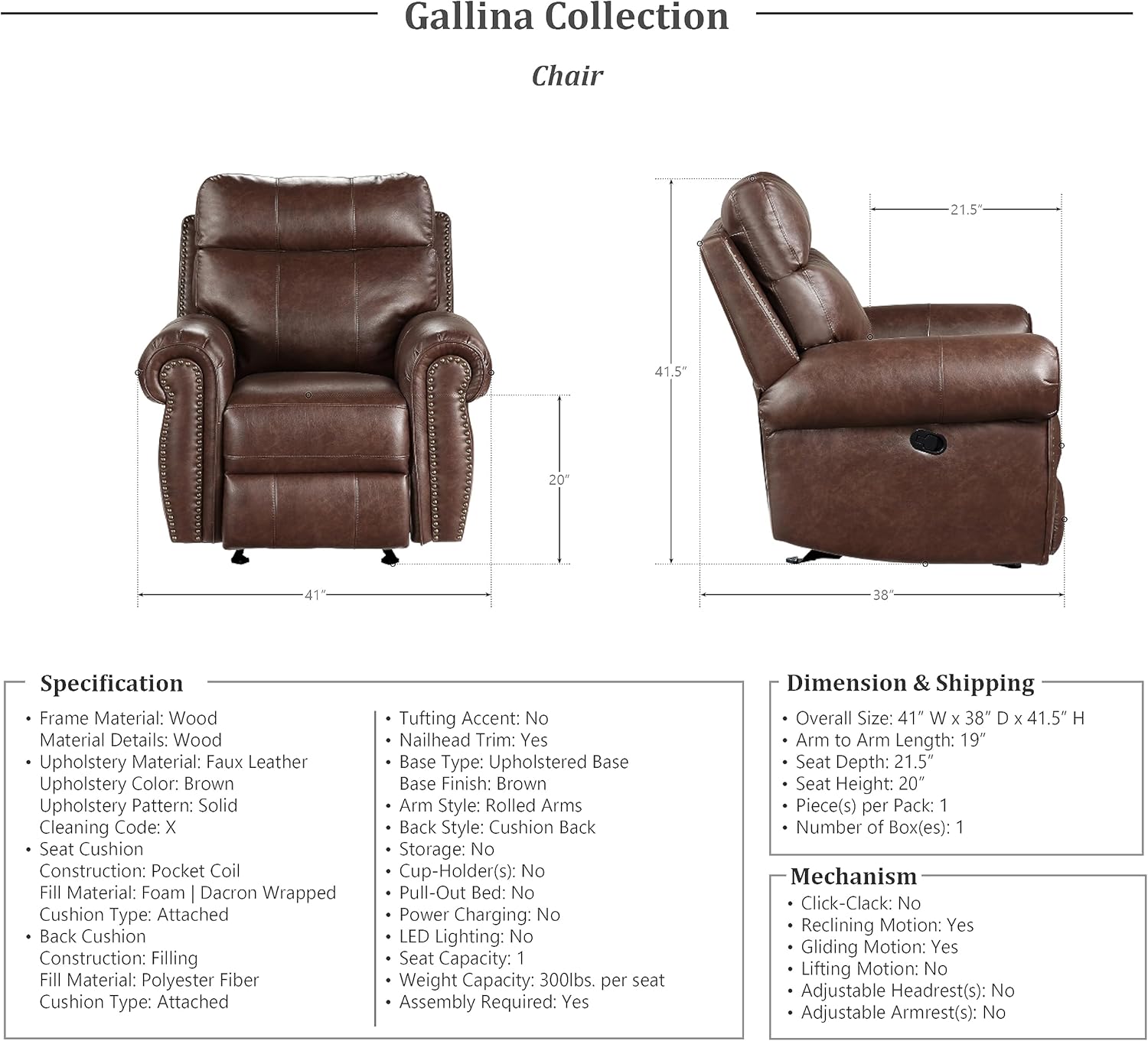 Lexicon Gallina Glider Recliner, Brown M328745