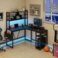 L Shaped Computer Desk with LED Sensor Lights and Power Outlets, Reversible L Shape Gaming Desk with Storage Bag and Hutch Monitor Stand, Home Office Desk with USB Port