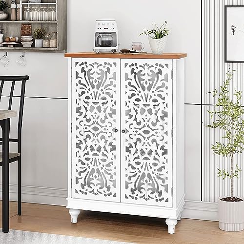 MFSTUDIO Small Accent Storage Cabinet with 1 Door, Farmhouse Floral Distressed Wood, White D689352