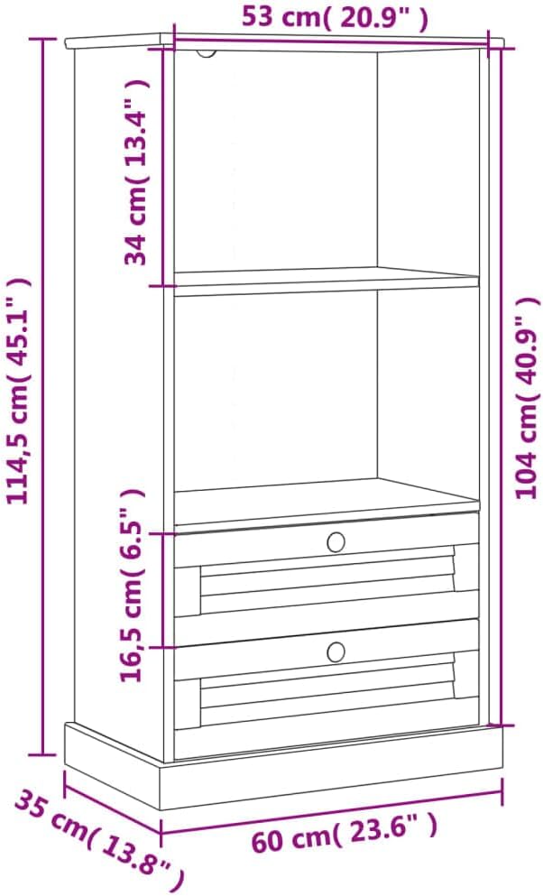 vidaXL VIGO Gray Solid Pine Wood Bookcase with 2 Shelves and 2 Drawers L324
