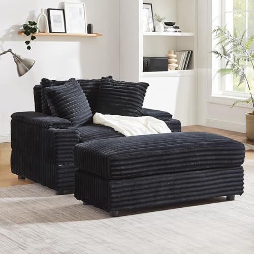 Modern Chaise Longue Indoor, 86.6" Oversized 3 Seater Lounge Sofa Chaise with Movable Ottoman/Storage Armrests/Cup Holders, Corduroy Deep Seat Sectional Cloud Sofa Couches for Living Room, Green