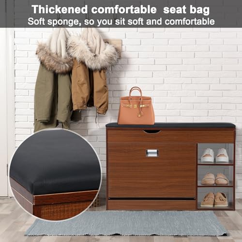 Shoe Storage Cabinet with Flip Drawers, 3 Tiers Wooden Hallway Bench V8352