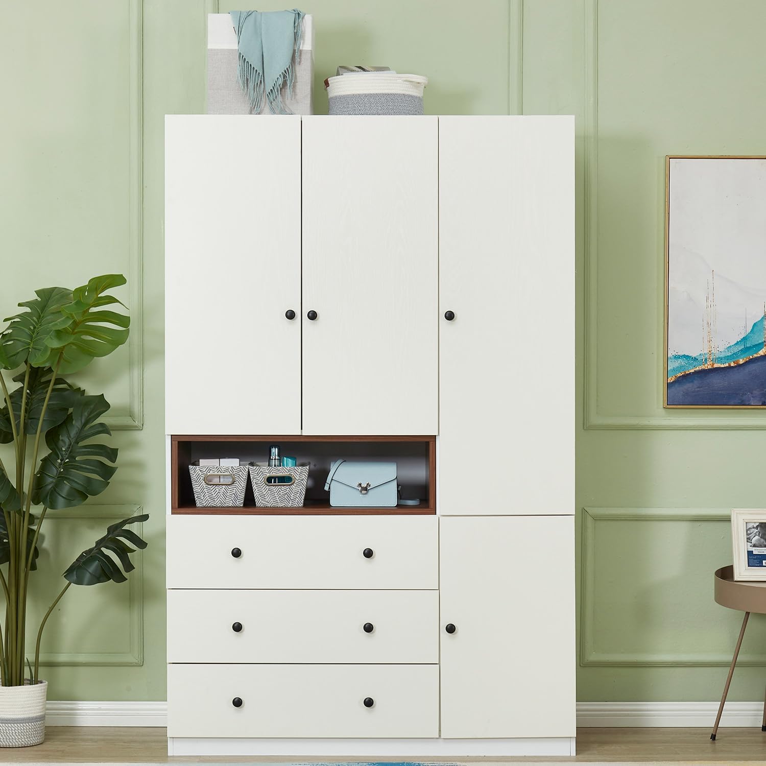 Wooden White 3-Door Armoire Wardrobe with Hanging Rod S96946