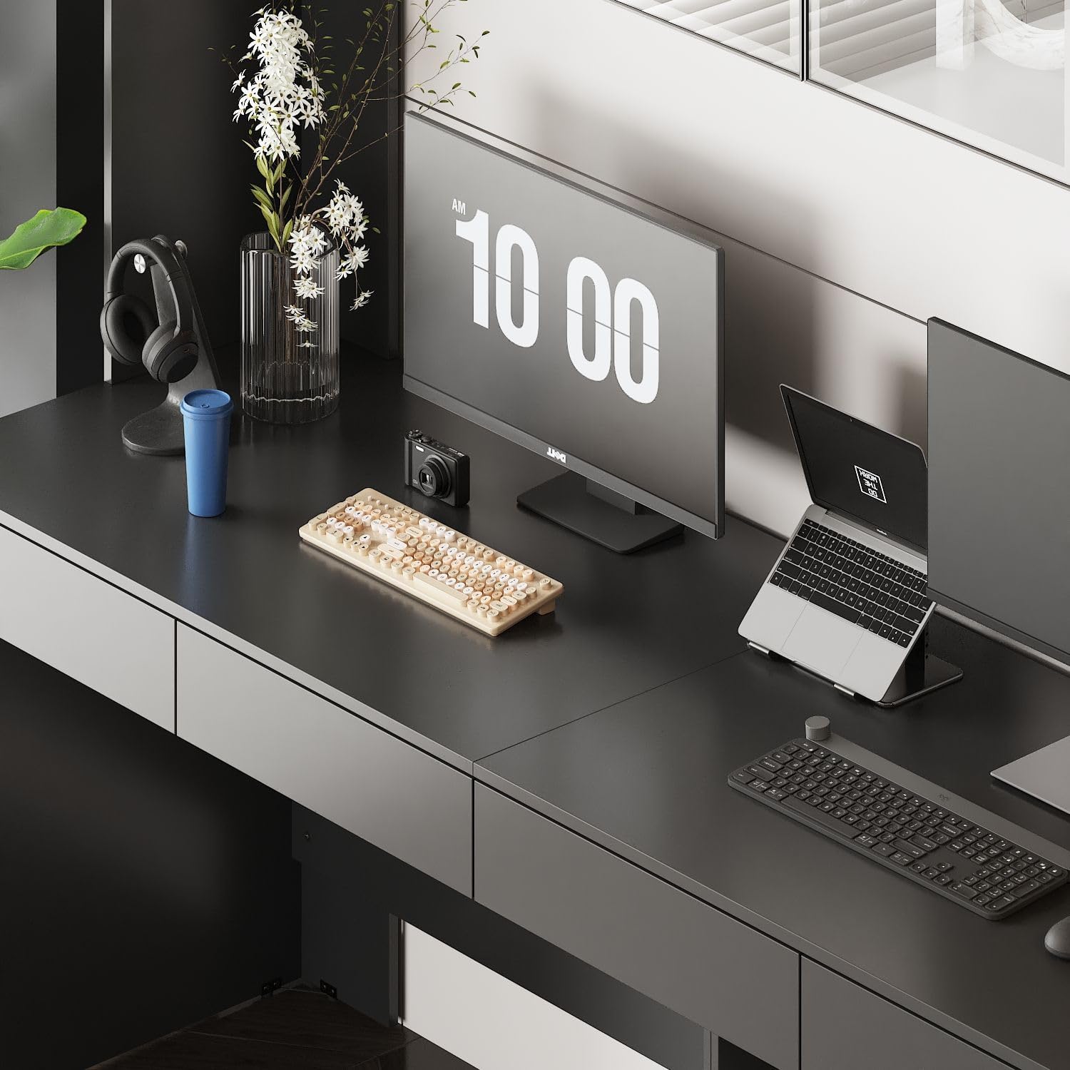 MOUMON Large Office Desk with Glass Doors & Lights, 4 Drawers, 78.3 inch X848