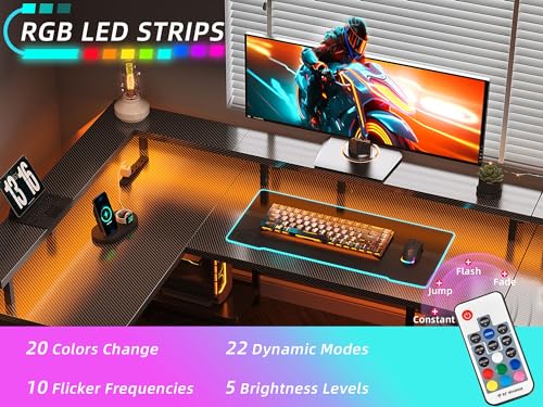 L Shaped Gaming Desk with Power Outlet and LED Lights, Black Carbon Fiber S6091