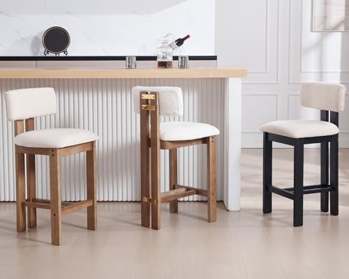 Farmhouse Kitchen Bar Stools Set of 4, Beige Linen Upholstered with Backs F6052