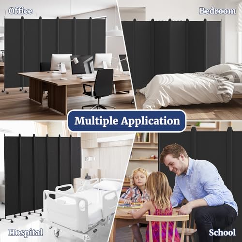 Kokorona 6 Panel Room Divider, 6FT Tall Rolling Privacy Screen with Lockable Wheels, Black J584