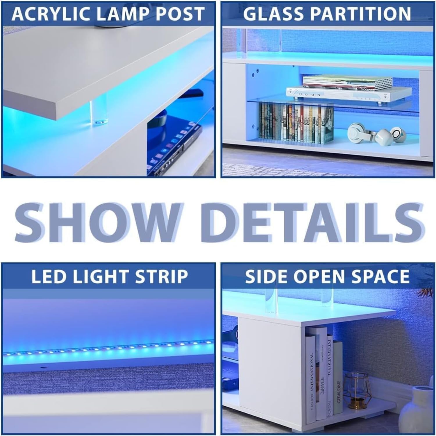 DMAITH TV Stand with LED Lights for 32-55 Inch TVs, White D4236