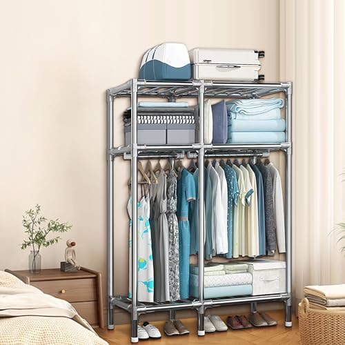 Portable Closet Metal Wardrobe with 2 Hanging Rods and Shelves C211