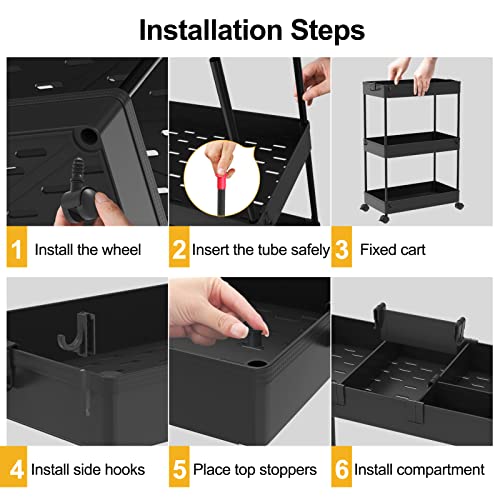 SPACELEAD 3 Tier Rolling Cart with Wheels, Black I5552