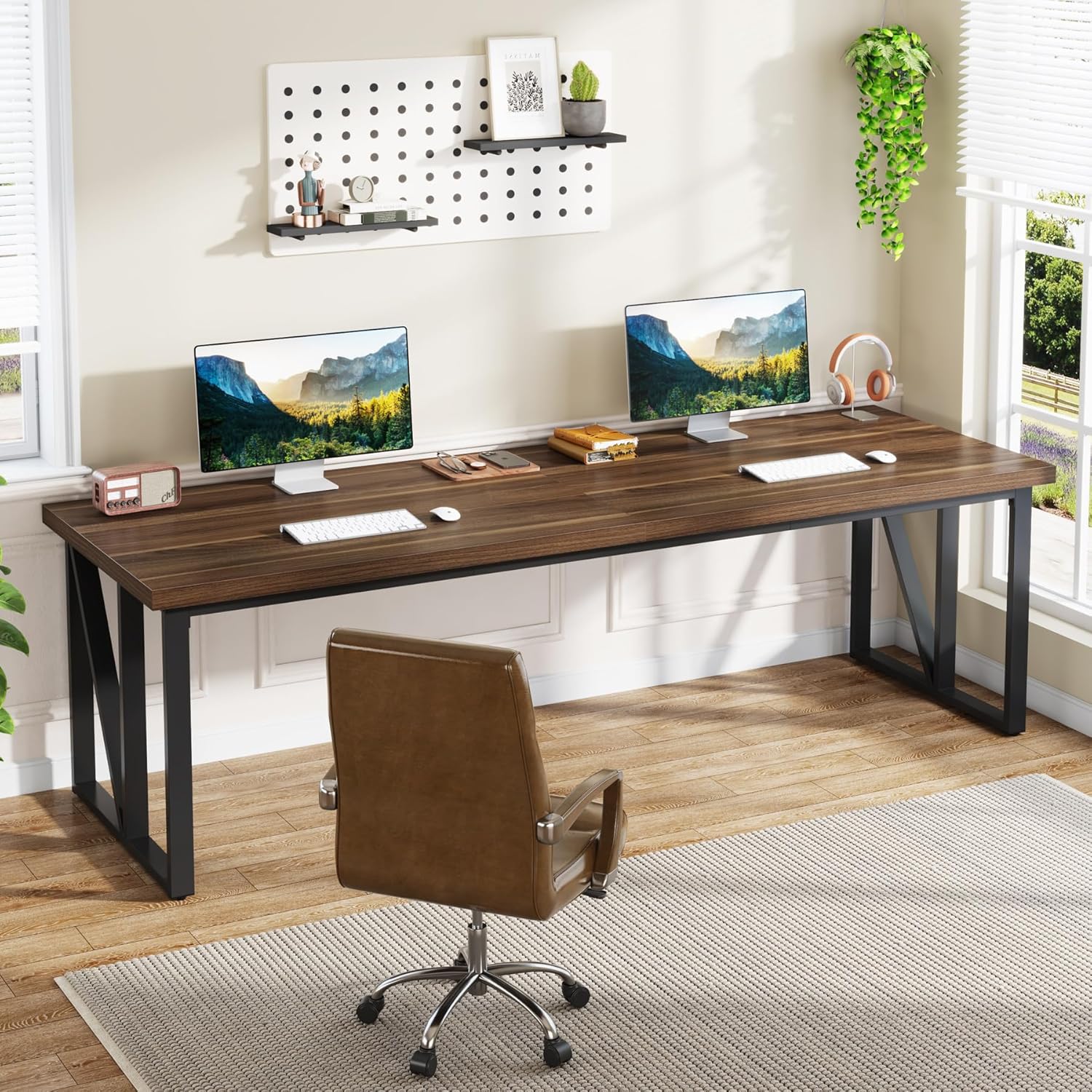 Tribesigns 78.7 Inch Double Computer Desk, Wood Home Office Desk, Brown V9398