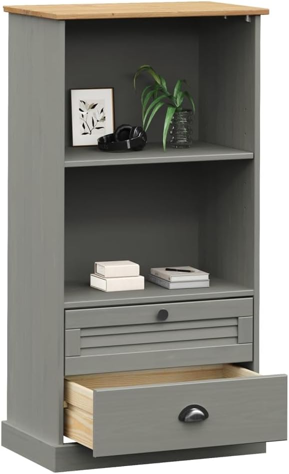 vidaXL VIGO Gray Solid Pine Wood Bookcase with 2 Shelves and 2 Drawers L324