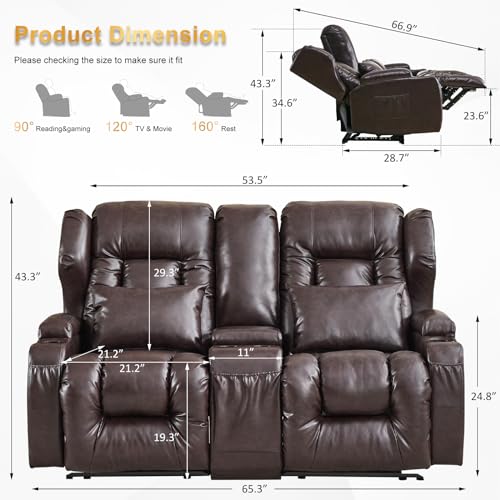 IPKIG 65.3" RV Loveseat Recliner Faux Leather with Console and Cup Holders, Beige L4104