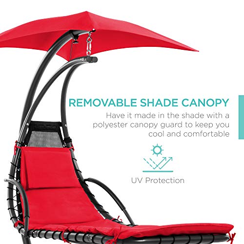 Outdoor Hanging Curved Steel Chaise Lounge Chair Swing with Pillow and Canopy - Red D38972