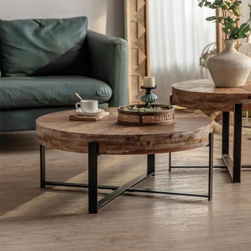 Antique Round Solid Wood Coffee Table with Metal Base, Natural & Gold K671