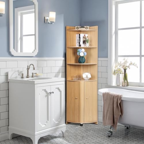 Tall Corner Cabinet with Doors and Shelves, Farmhouse Storage for Living Room, Kitchen, Bathroom G712