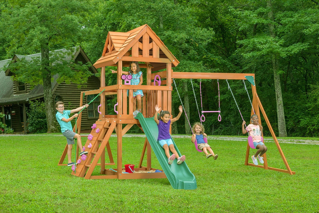 Creative Cedar Designs Mountain View Lodge Swing Set with Wooden Roof X456