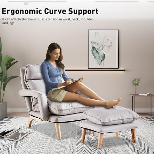 Linen Accent Chair with Ottoman, Adjustable Lounge Chair with Footstool, Gray W9346