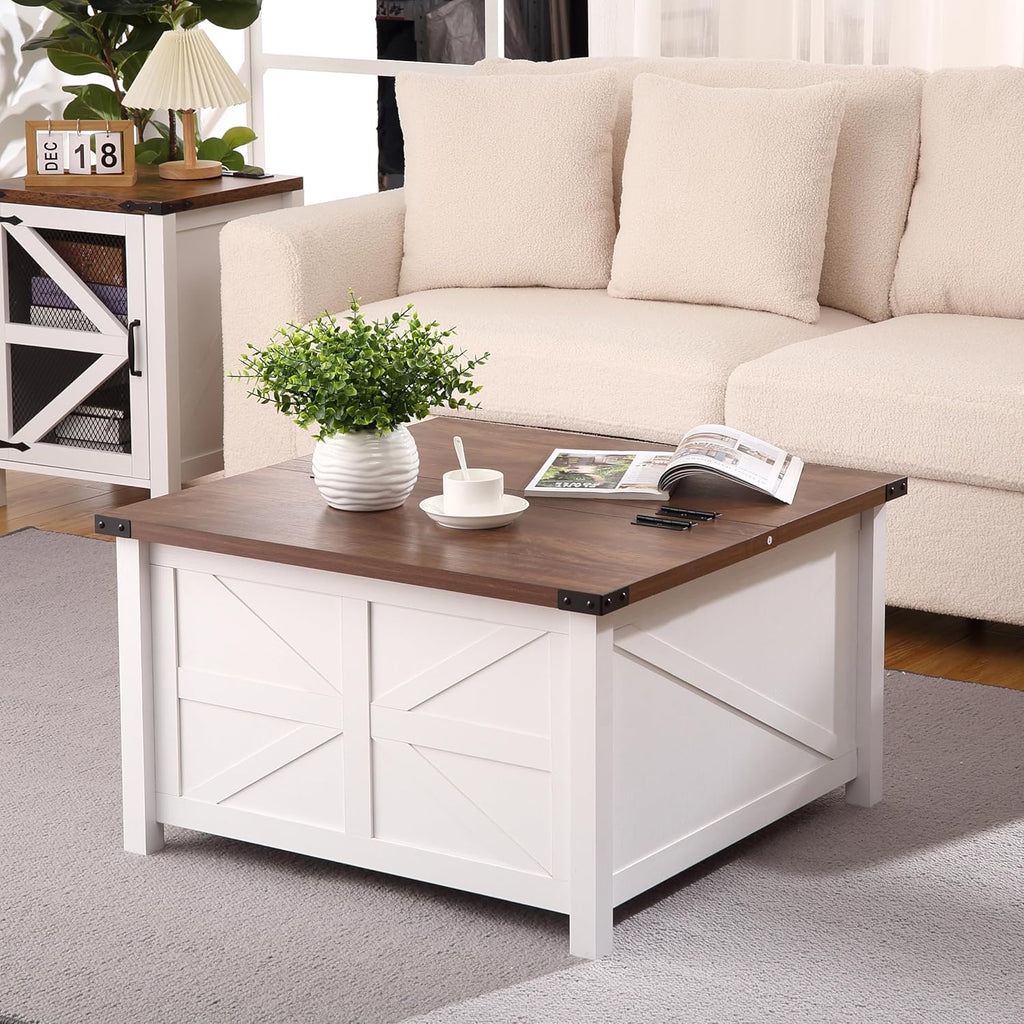Farmhouse Square Coffee Table with Hidden Storage U744
