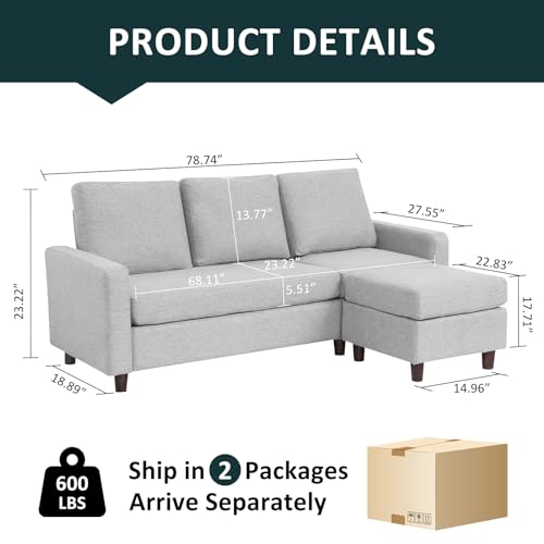 Babion 79" Convertible Sectional Sofa Couch, Linen Fabric, Light Gray L696564