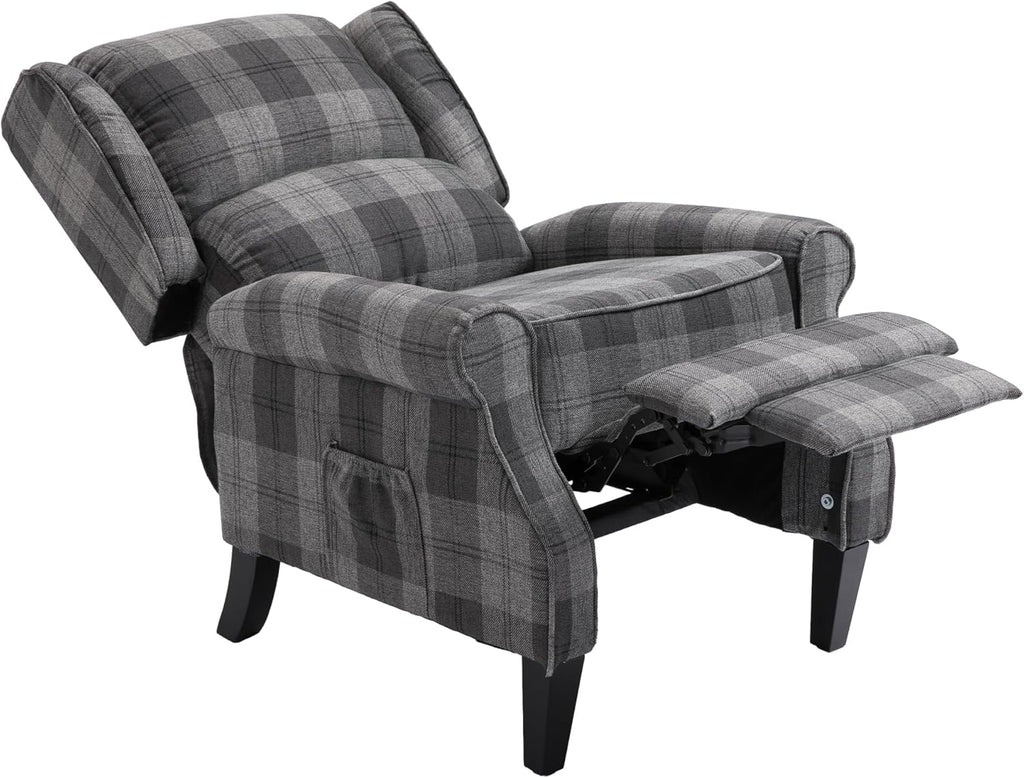 Modern Upholstered Recliner Chair with Footrest, Grey Check I198