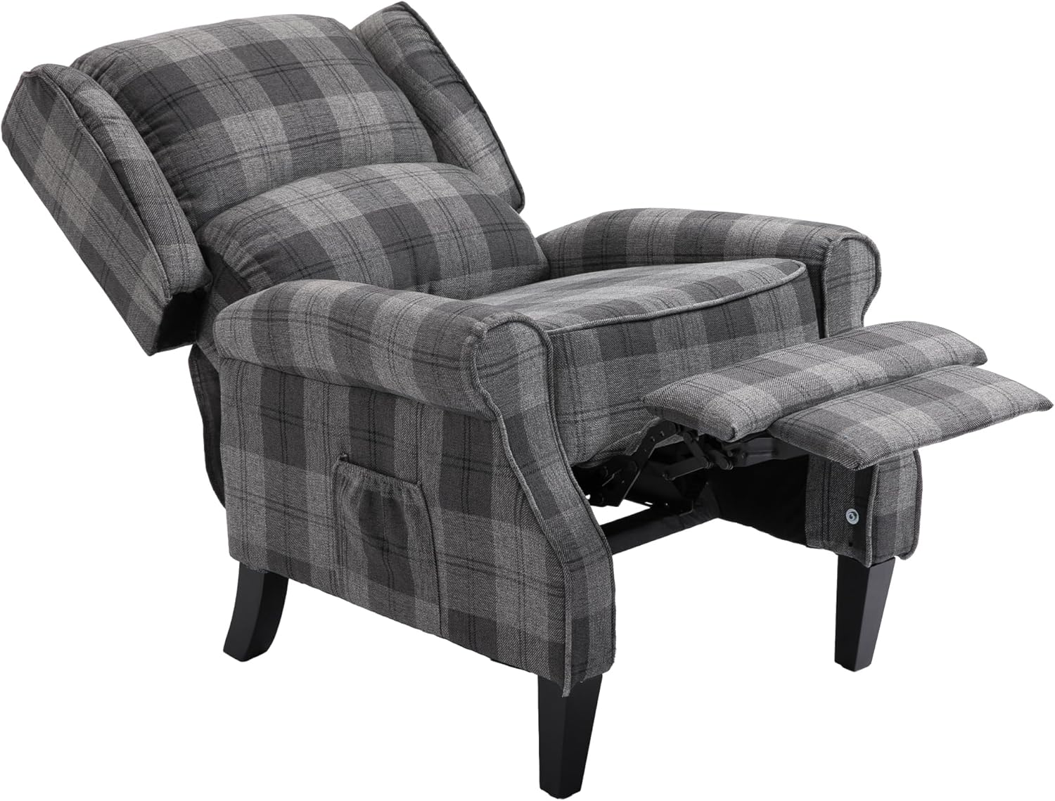 Modern Upholstered Recliner Chair with Footrest, Grey Check I198