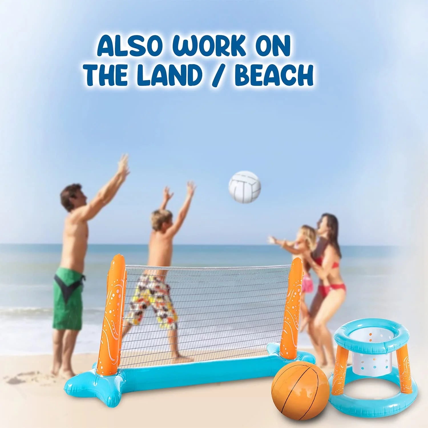 Vesna Pool Volleyball Set, Inflatable Floating Set with 2 Balls & Basketball Hoops, Light Blue M7080