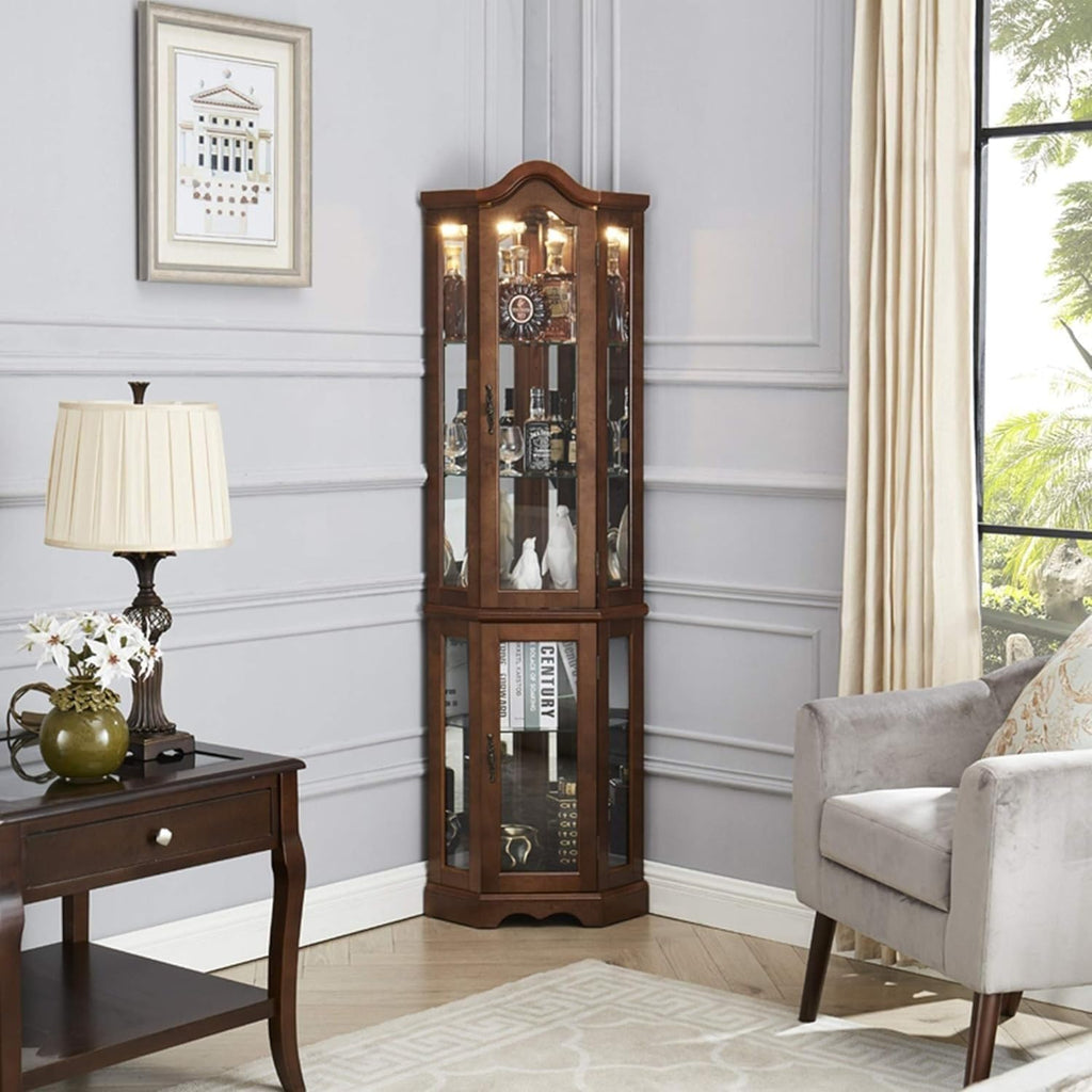 Walnut Corner Curio Cabinet with Glass Doors and Shelves, 70.25" Height V80144