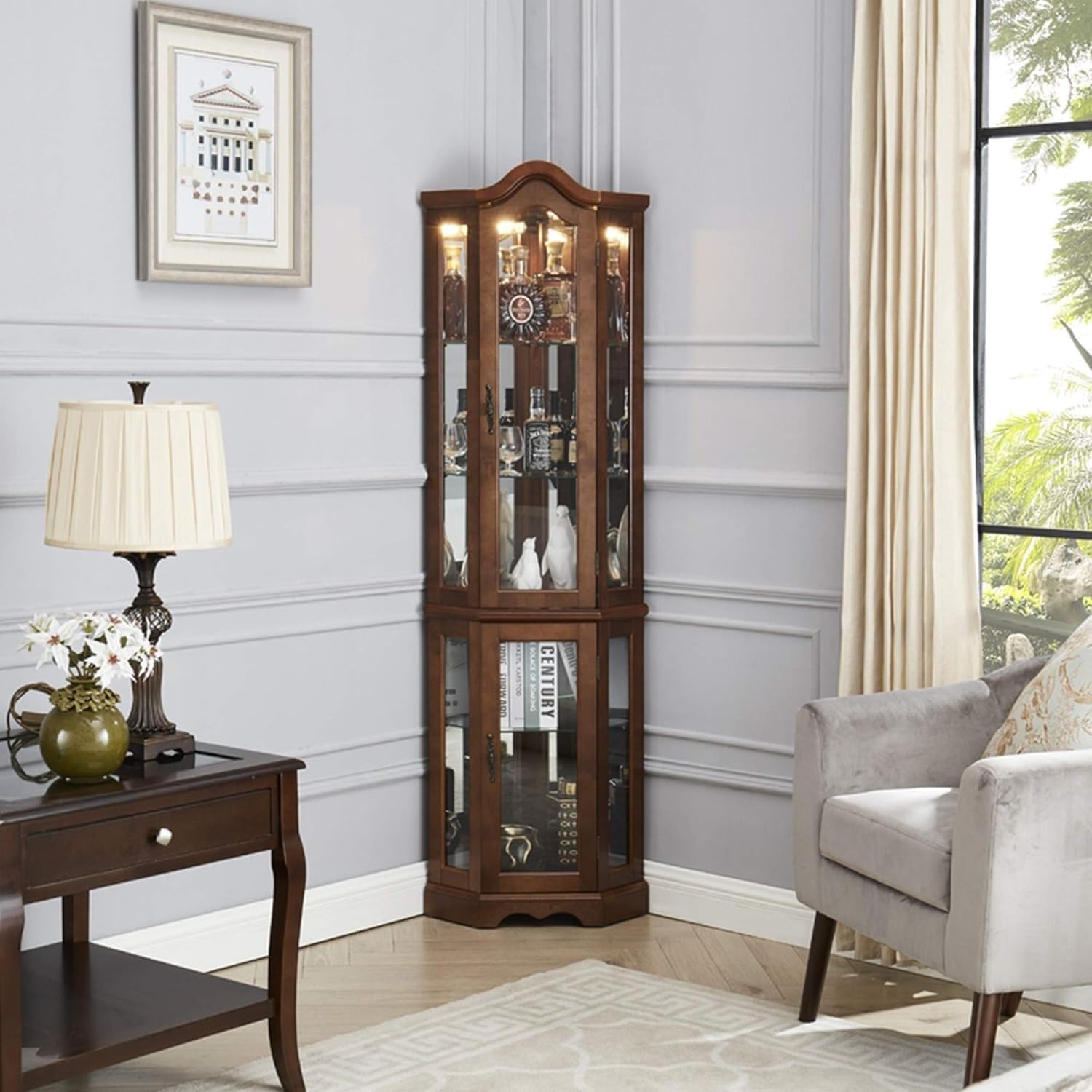Walnut Corner Curio Cabinet with Glass Doors and Shelves, 70.25" Height V80144