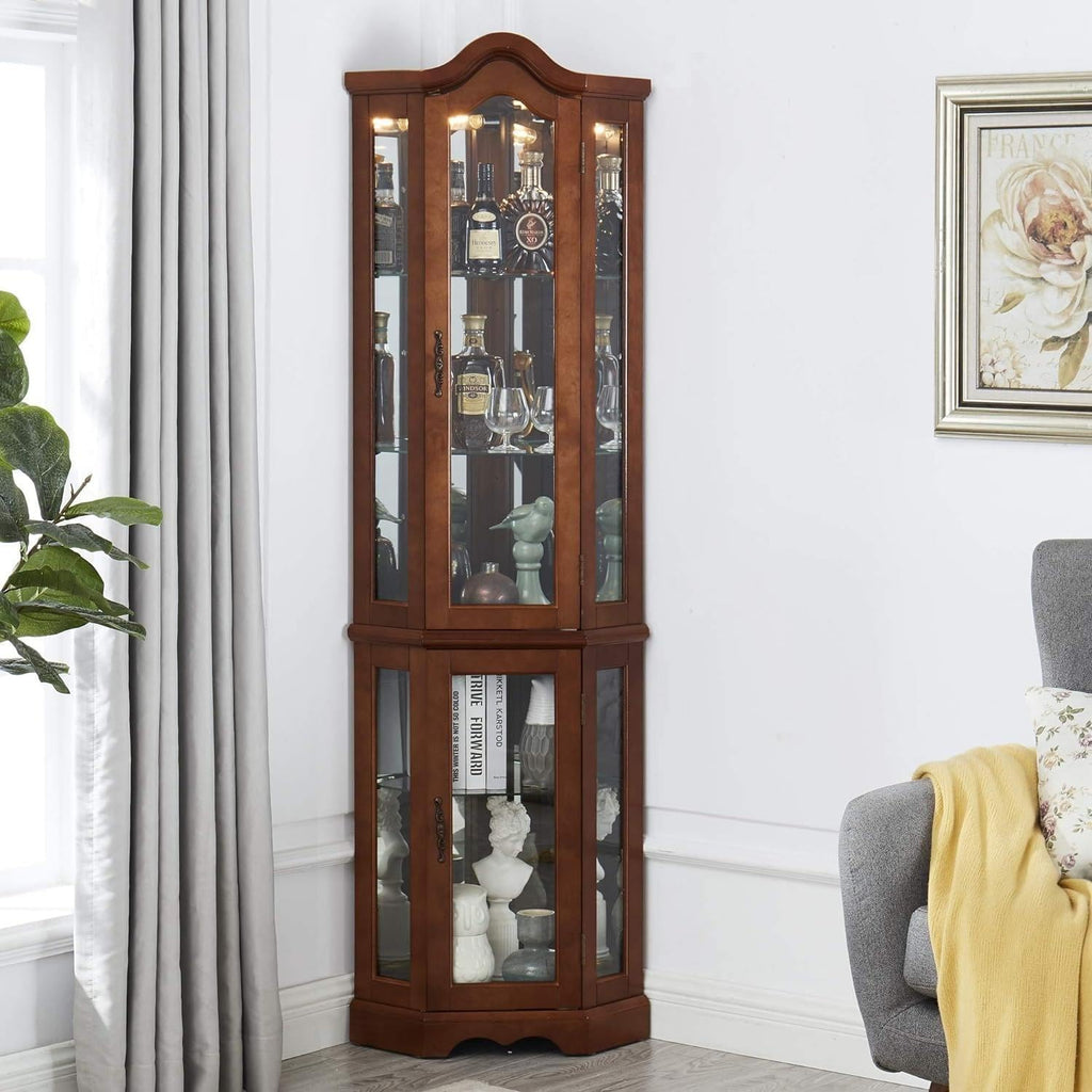 Walnut Corner Curio Cabinet with Glass Doors and Shelves, 70.25" Height V80144