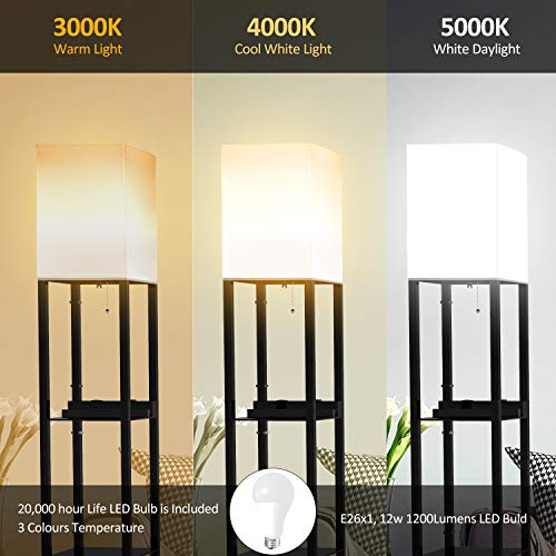 PAZZO Floor Lamp with Shelves, Solid Wood, 3 Color Temperature, Linen Shade, Bulb Included R3904