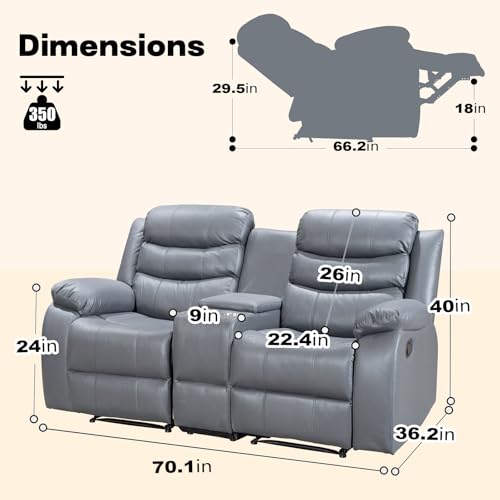Leather Recliner Sofa, Double Recliner with Cup Holder, Grey I125022