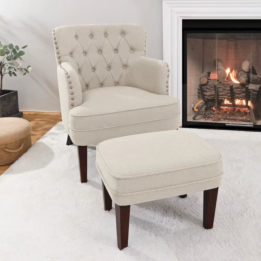 Accent Chair with Ottoman,28.4'' Wide Tufted Armchair and Ottoman for Bedroom Living Room, Beige 1 chair & 1 ottoman