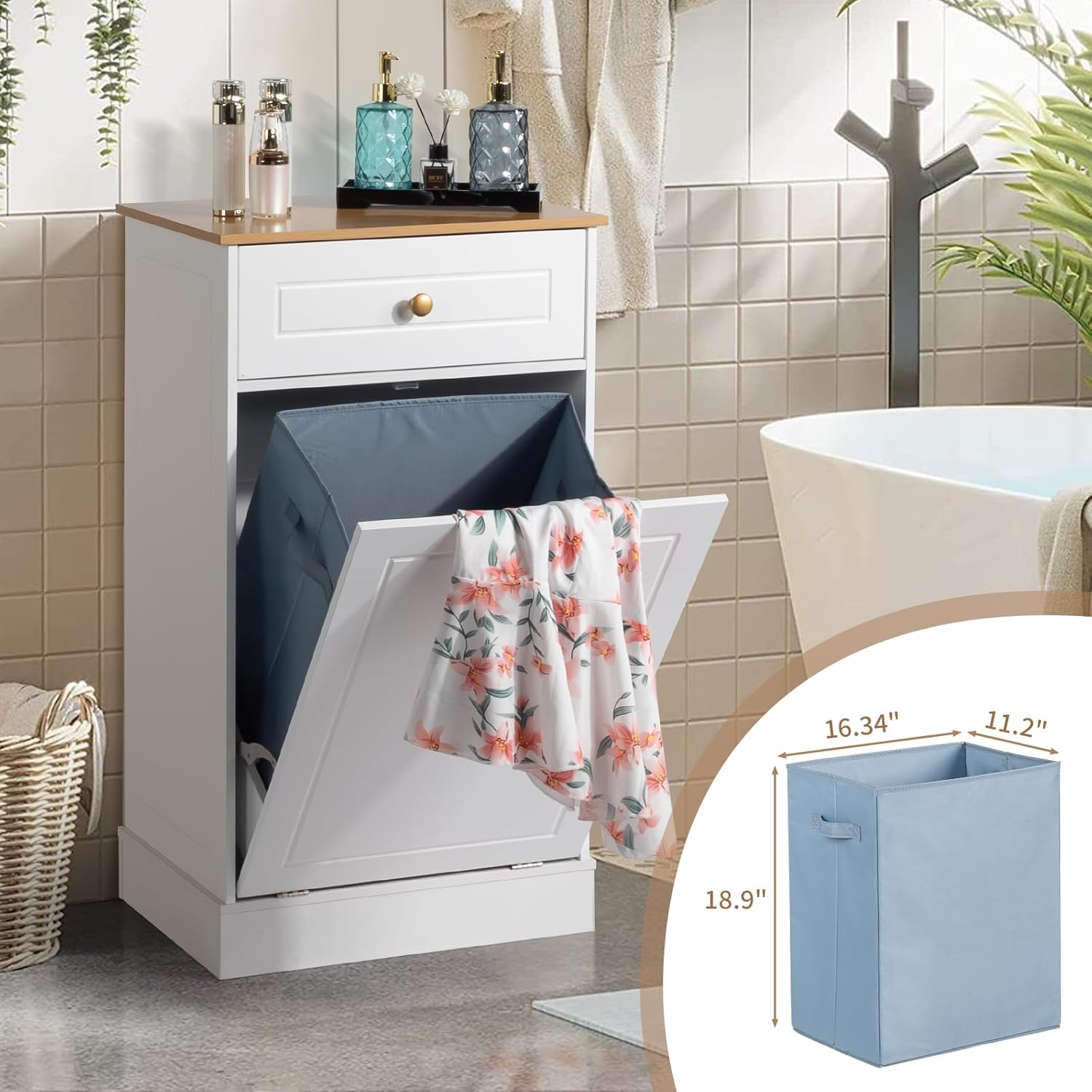 Karl home Tilt Out Laundry Hamper Cabinet with Drawer, White F817