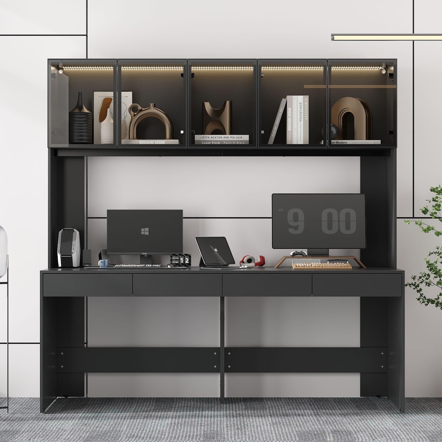 MOUMON Large Office Desk with Glass Doors & Lights, 4 Drawers, 78.3 inch X848