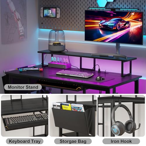 Gaming Desk with LED Lights & Power Outlets, Brown S159309