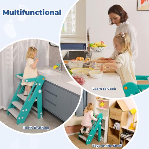 Onasti Toddler Tower Kitchen Stool Helper - Foldable, Adjustable Height, Blue Grey E26106