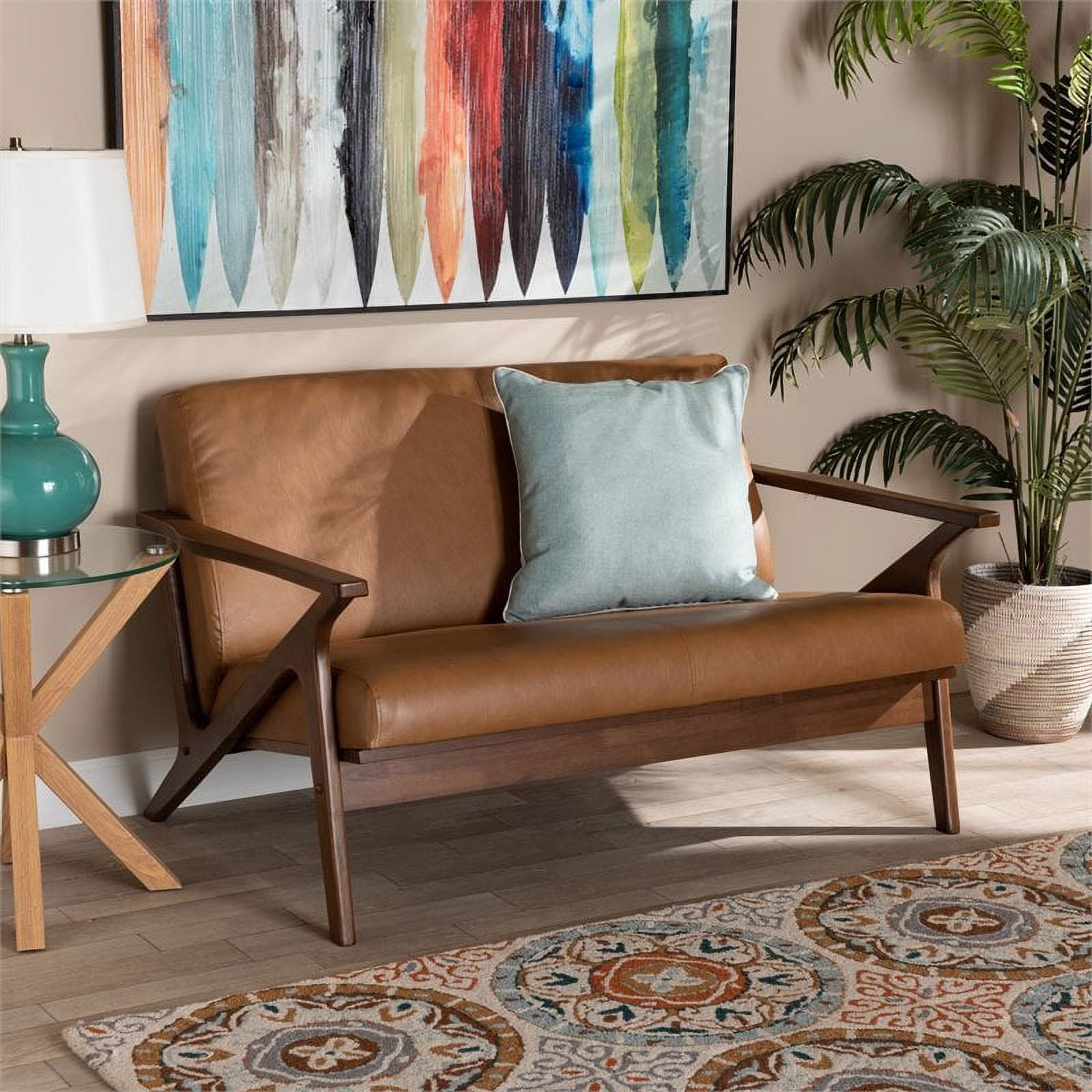 Bowery Hill Mid-Century Faux Leather Loveseat Walnut Brown/Tan Q638143
