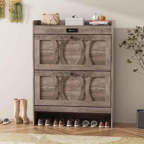 Rustic White 2 Flip Drawers Shoe Storage Cabinet V18081