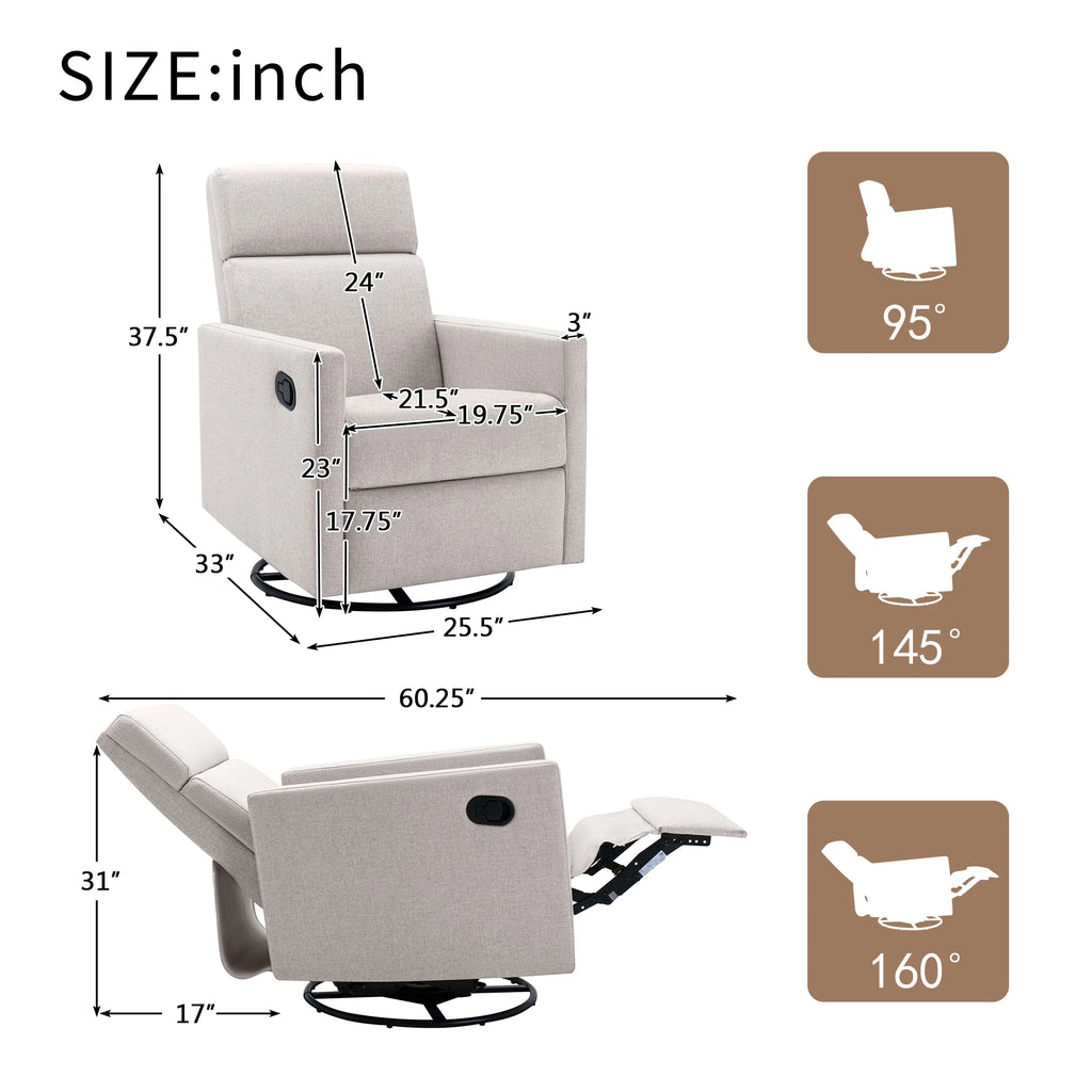 Paproos Swivel Rocker Recliner, Upholstered Fabric Chair for Nursery, Tan S83295