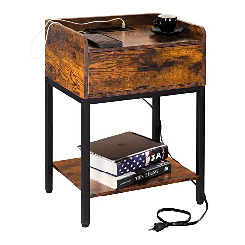 Lerliuo Nightstands Set of 2 with Charging Station and USB Ports, 3-Tier End Side Table with Storage Drawer and Shelf, Modern Bedside Night Stand for Bedroom, Oak Grey