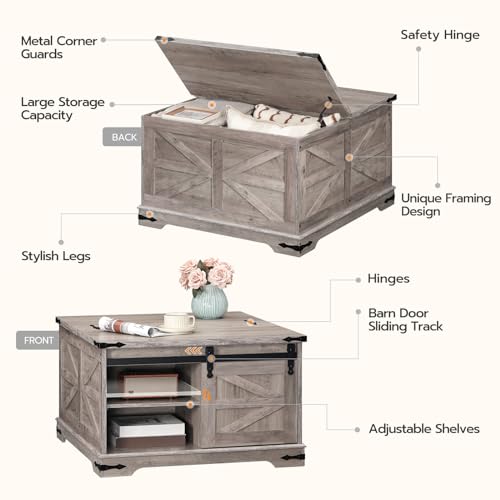 HOOBRO Farmhouse Lift Top Coffee Table, White and Walnut D7266