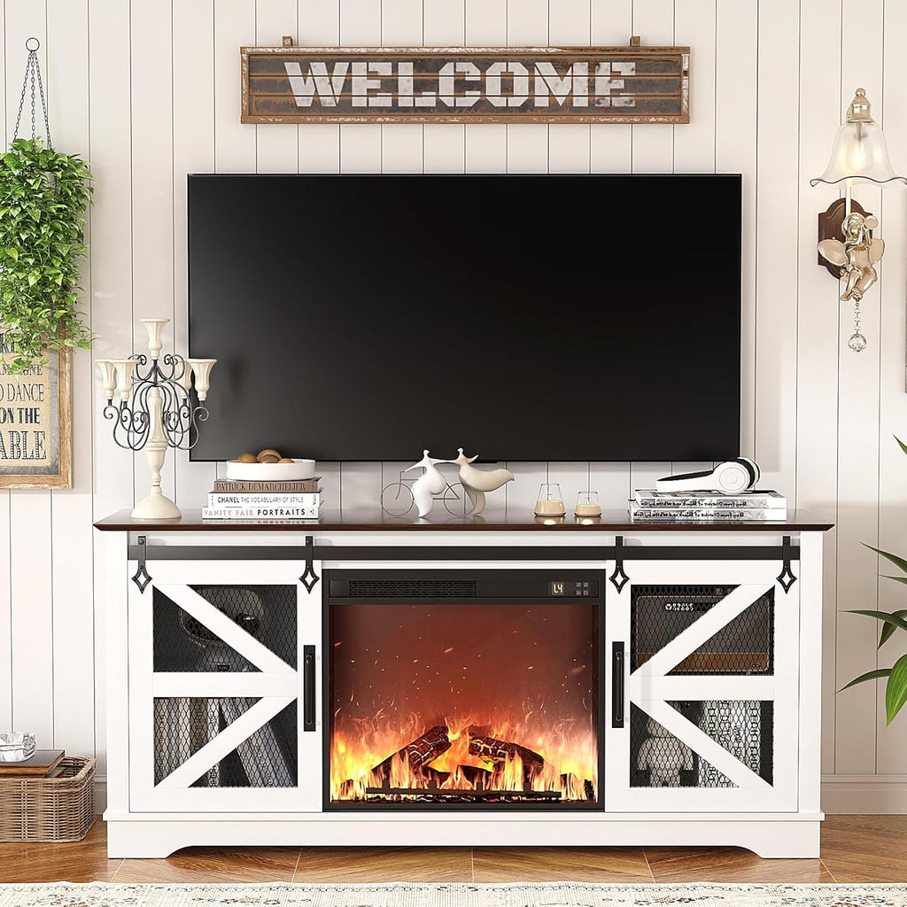 VOWNER Fireplace TV Stand for 65 Inch TV, Farmhouse Media Console with Electric Fireplace Heater, White M9174