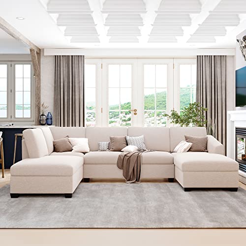 Modern U-Shape Sectional Sofa with Double Chaise Lounge, Beige H5039