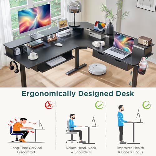 RedLemon 60" L-Shaped Electric Standing Desk with Drawers, Dark Rustic Oak E174