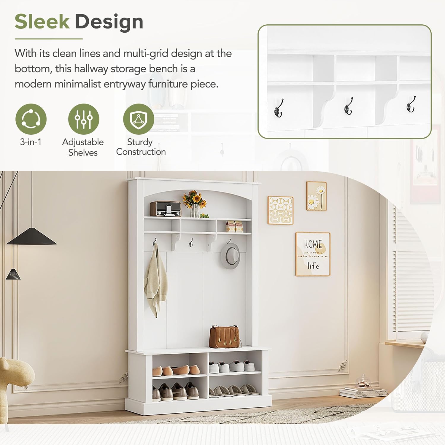 47.2" White Hall Tree with Bench, Hooks & Shelves W3810